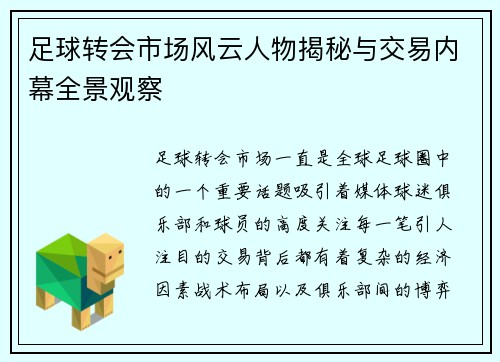 足球转会市场风云人物揭秘与交易内幕全景观察